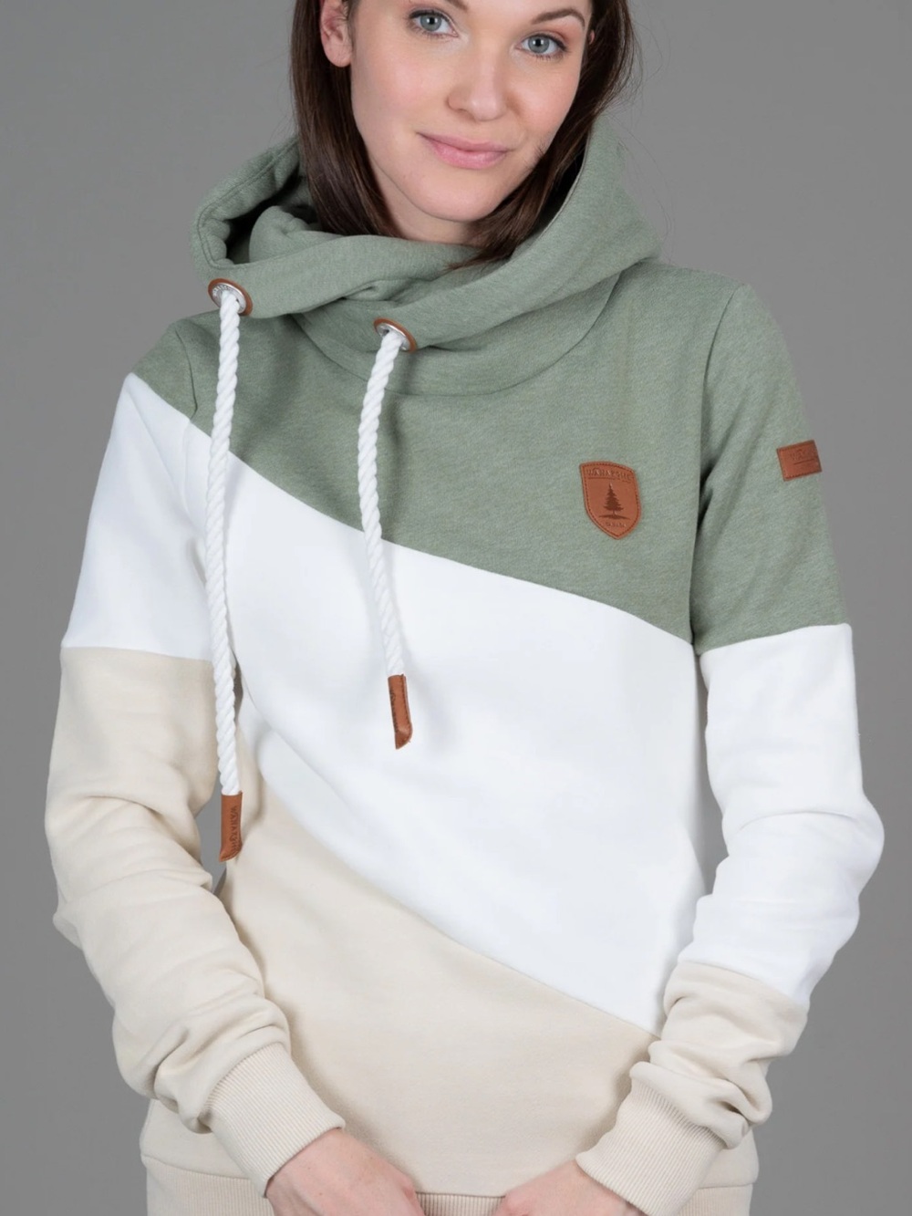 Wanakome Diagonal Colorblock Cowl Pullover - Sage, Gray & Cream